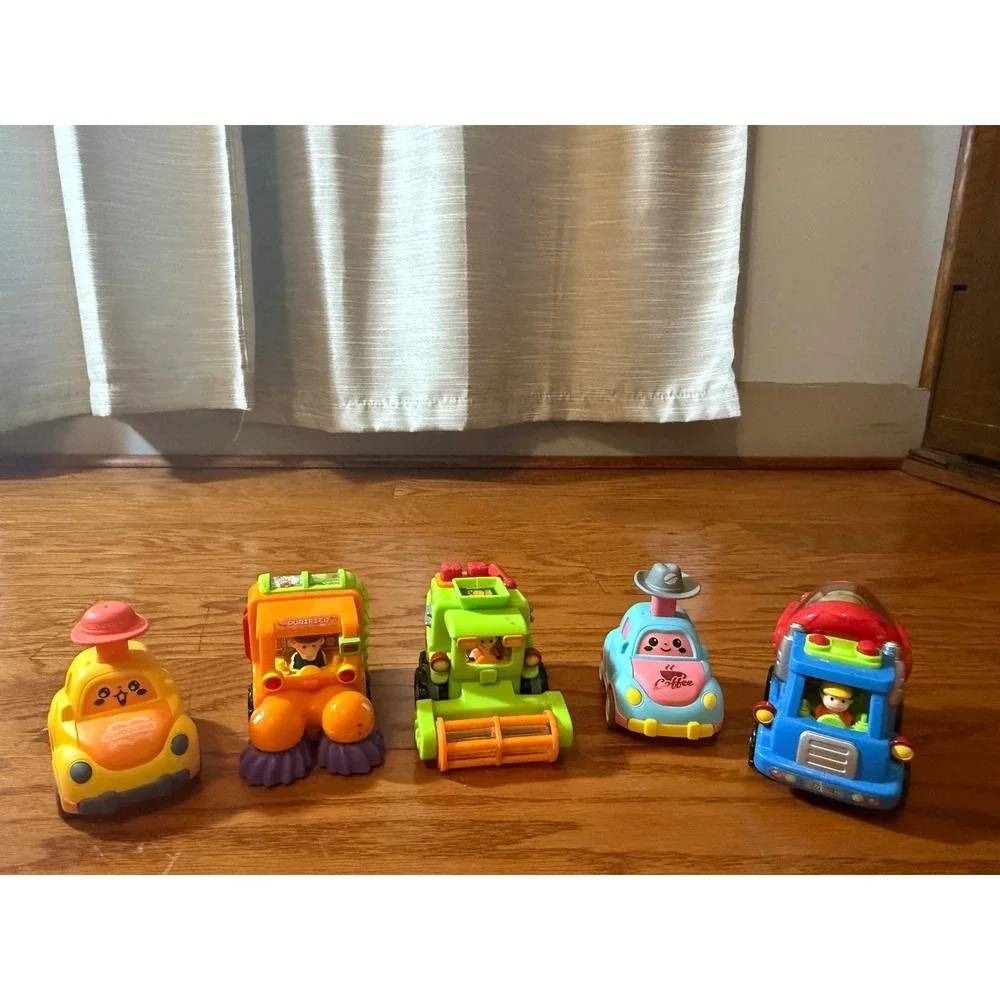 Kids Toy Vehicle Set 5 Piece School Bus Dump Truck Harvester Coffee Car Mixer